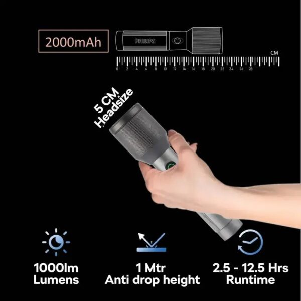 Philips Aircraft Aluminium Alloy 22cms Zoom LED Rechargeable Flashlight / Torch – SFL214 - Image 2